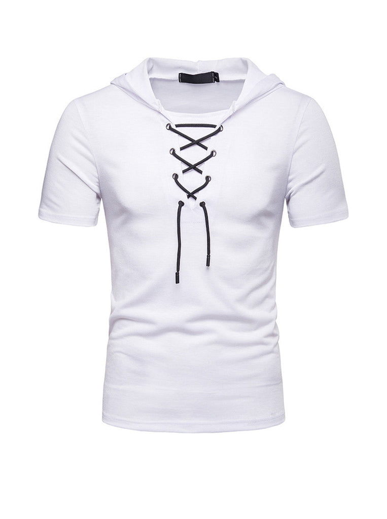Men's Lace-up Short Sleeve Hooded T-shirt