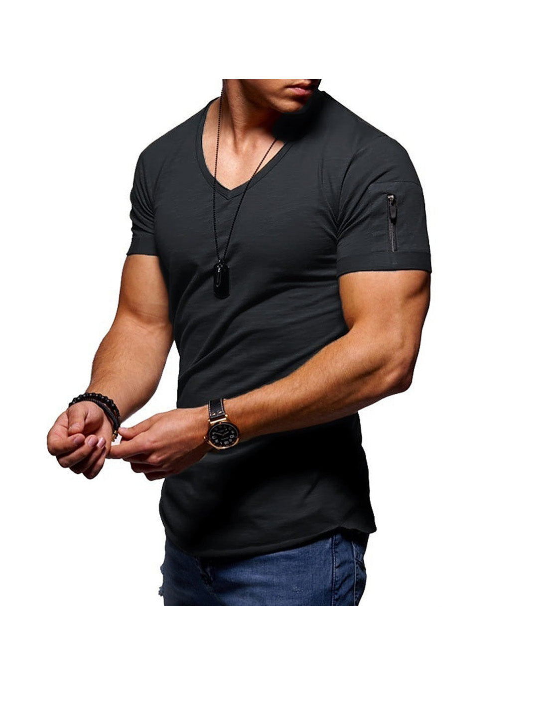 Men's Solid Color V- neck Short Sleeve T-shirt WIth Zippered Sleeve Arms