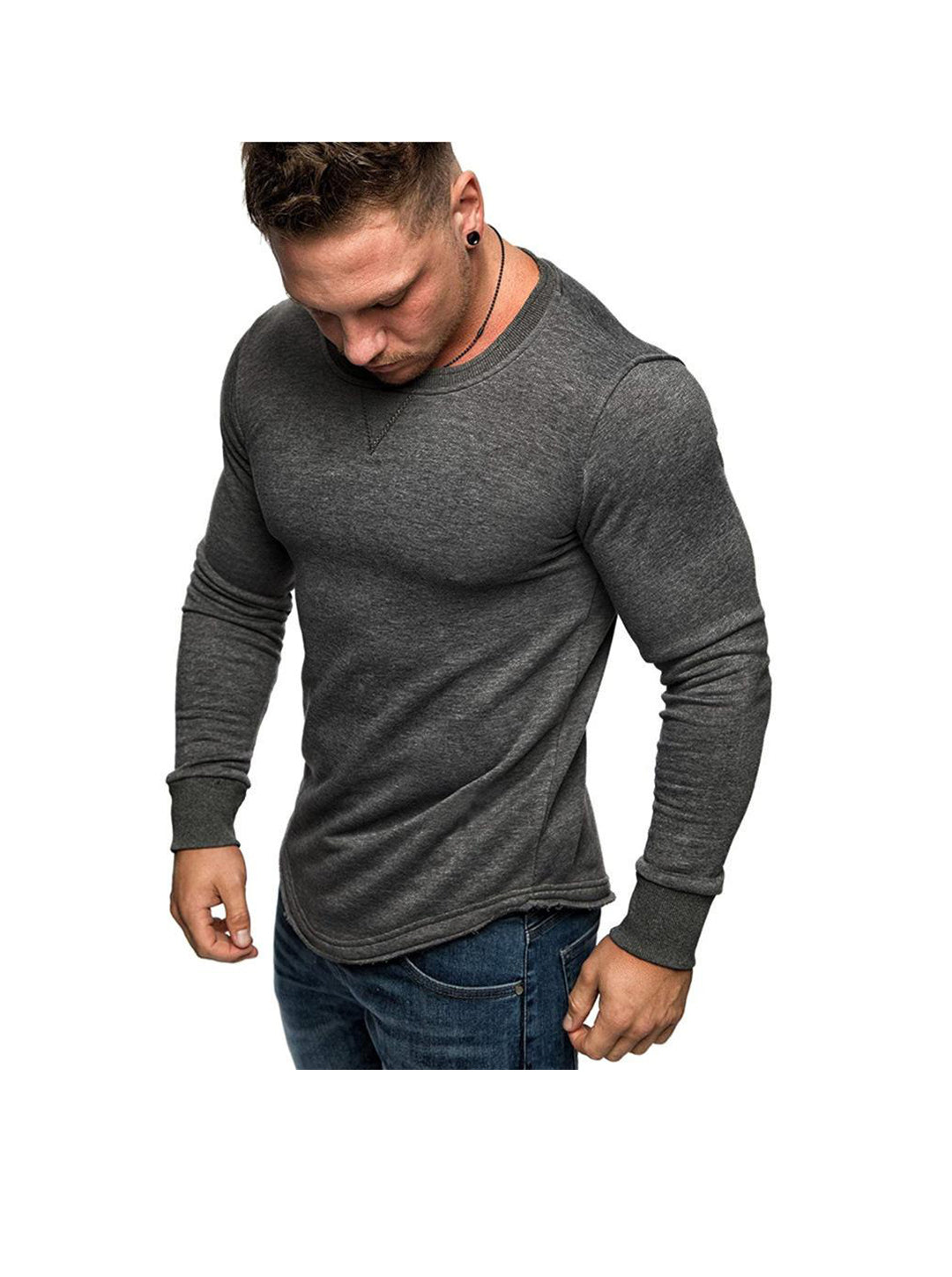 Men's Solid Color Crew Neck Patchwork Long Sleeve T-Shirt