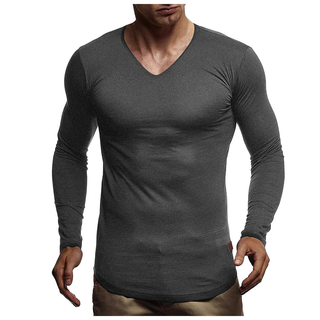 Men's Solid Color Round Neck And V-neck Long-sleeved T-shirt