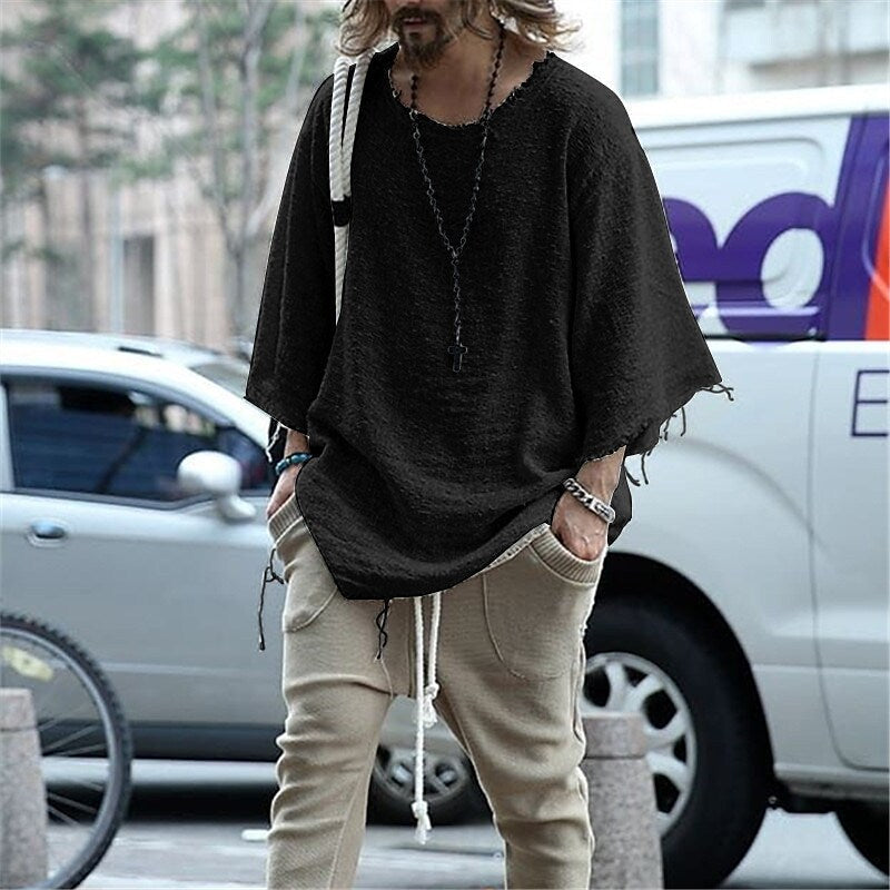 Men's Solid Color Towel Fabric Round Neck Casual Long Sleeve T-shirt