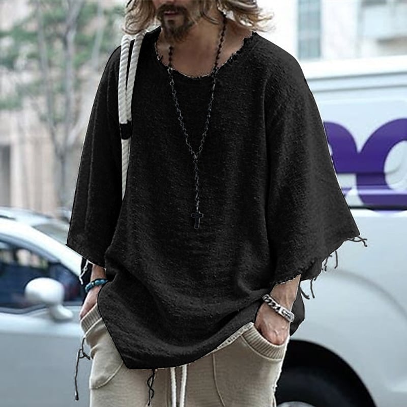 Men's Solid Color Towel Fabric Round Neck Casual Long Sleeve T-shirt