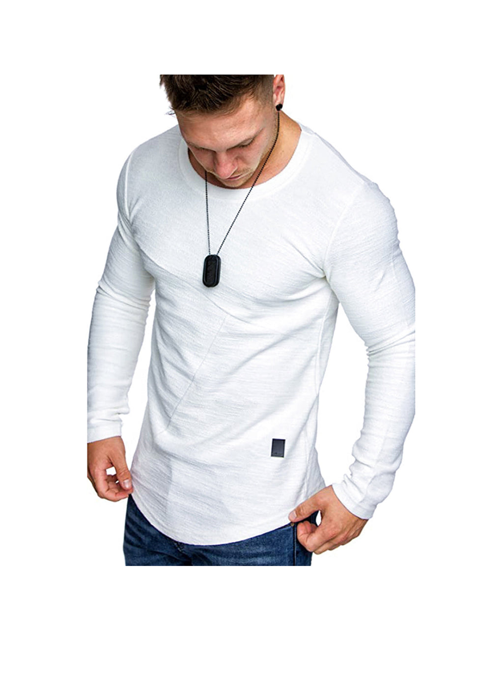 Men's Textured Solid Color Cut Detail Crew Neck Long-sleeve T-shirt