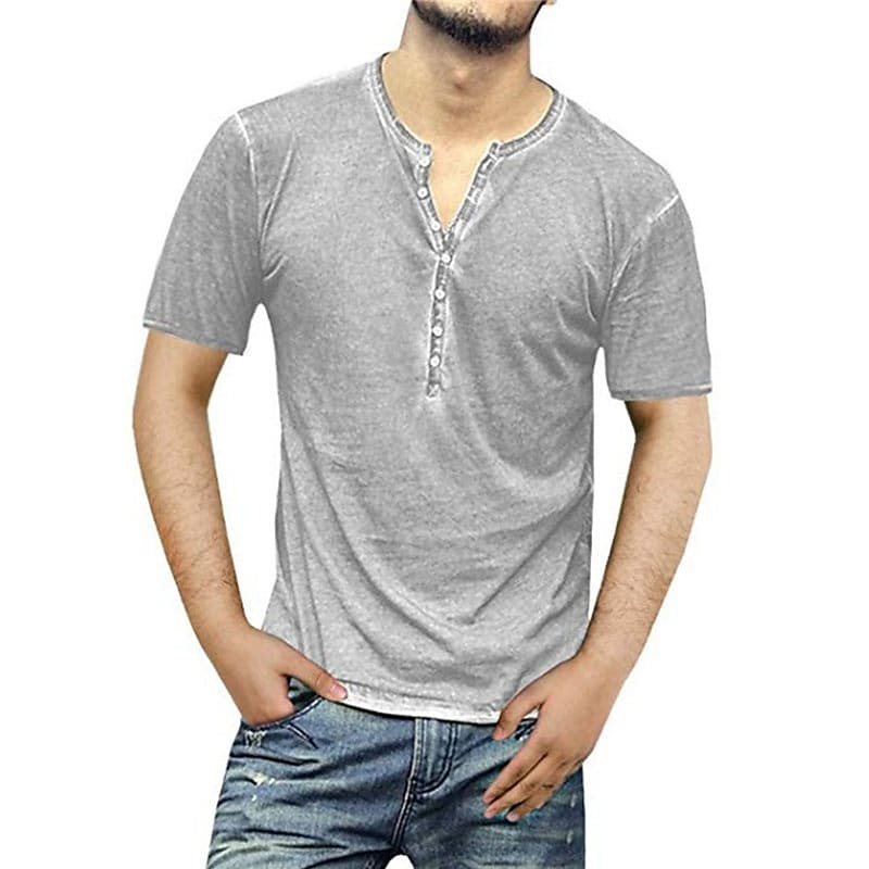 Men's Solid Color Henley Casual Short Sleeve T-shirt