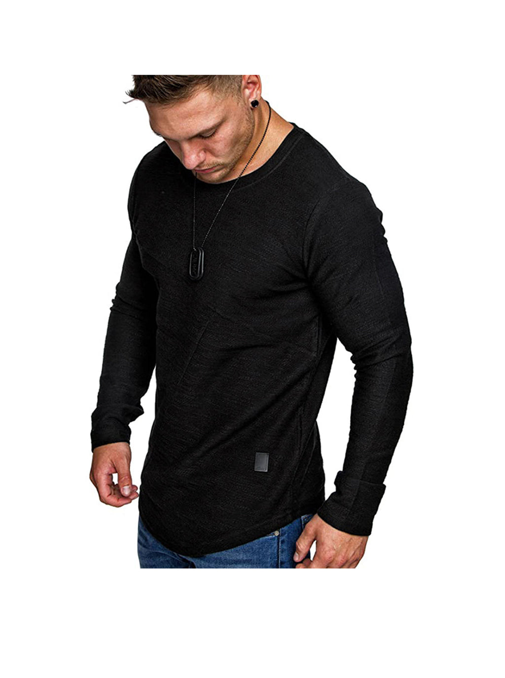 Men's Textured Solid Color Cut Detail Crew Neck Long-sleeve T-shirt
