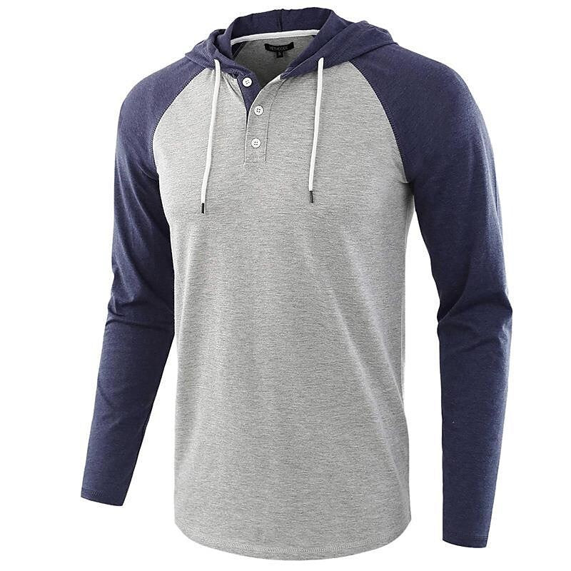 Men's Color Block Raglan Sleeves Drawstring Hoodie T-shirt