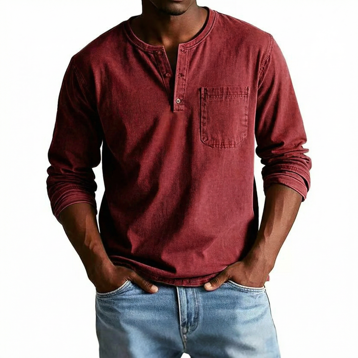Men's Vintage Distressed Pocket Long Sleeve Henley Shirt